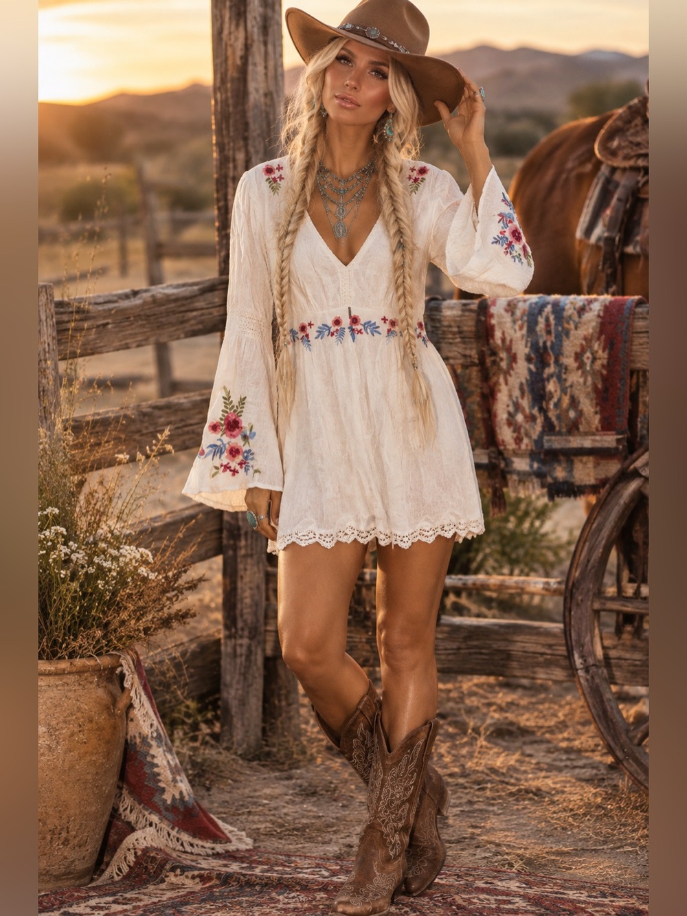 NWOT Anthropologie & RahiCali Ivory Bell Sleeved Embroidered Floral Midi Dress